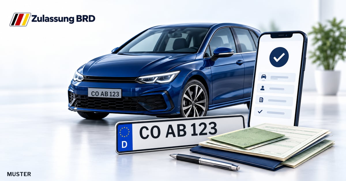 Online Fahrzeugzulassung in Landkreis Coburg: Musterkennzeichen CO AB 123, Auto und Fahrzeugpapiere und Smartphone. Illustration mit Logo von Zulassung BRD.